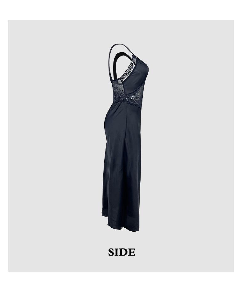 Elegant Black Lace Satin Nightgown: See-through, V-neck, Midi Length, Comfortable Camisole Dress.