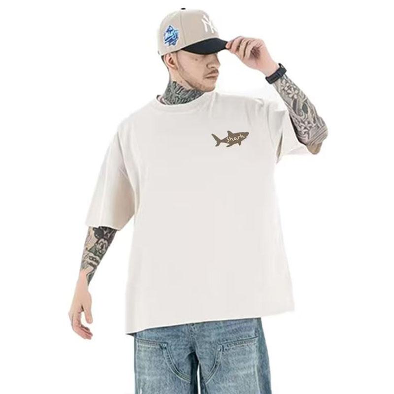 Unisexs Summer Shortsleeved Washed Vintage G Cotton Shirt with Fish Pattern Pure Cotton Casual and Loose Tshirt