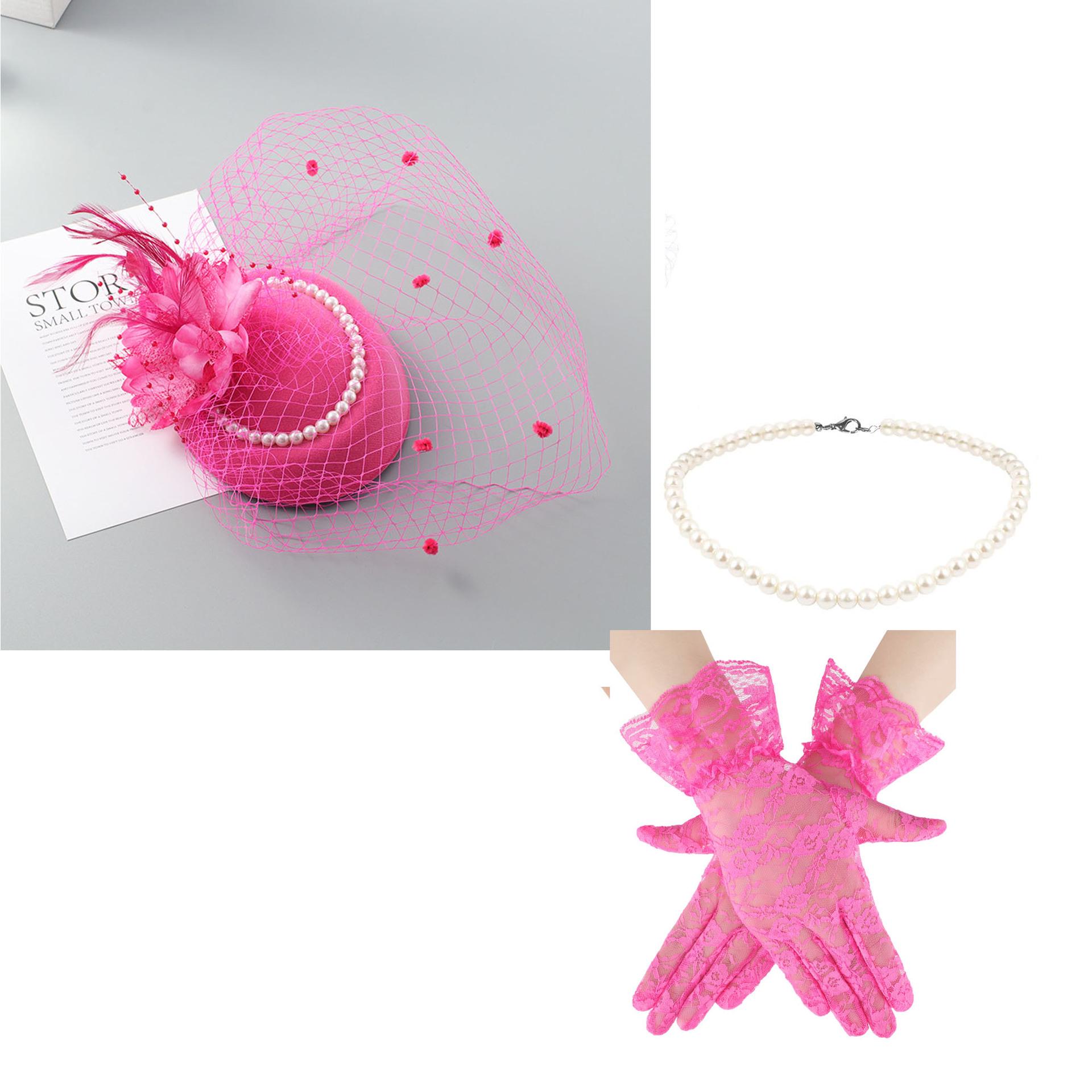 Artificial Feather Hair Accessories & Bridal Veil with Floral Beret, Pearl Necklace, and Lace Gloves розы красного