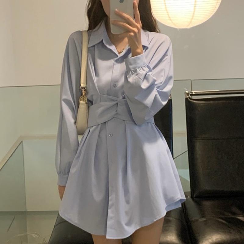 Women's Elegant Slim-Fit Long-Sleeve Shirt Dress: Waist-Cinching, Irregular Hem, French Style for Spring and Autumn