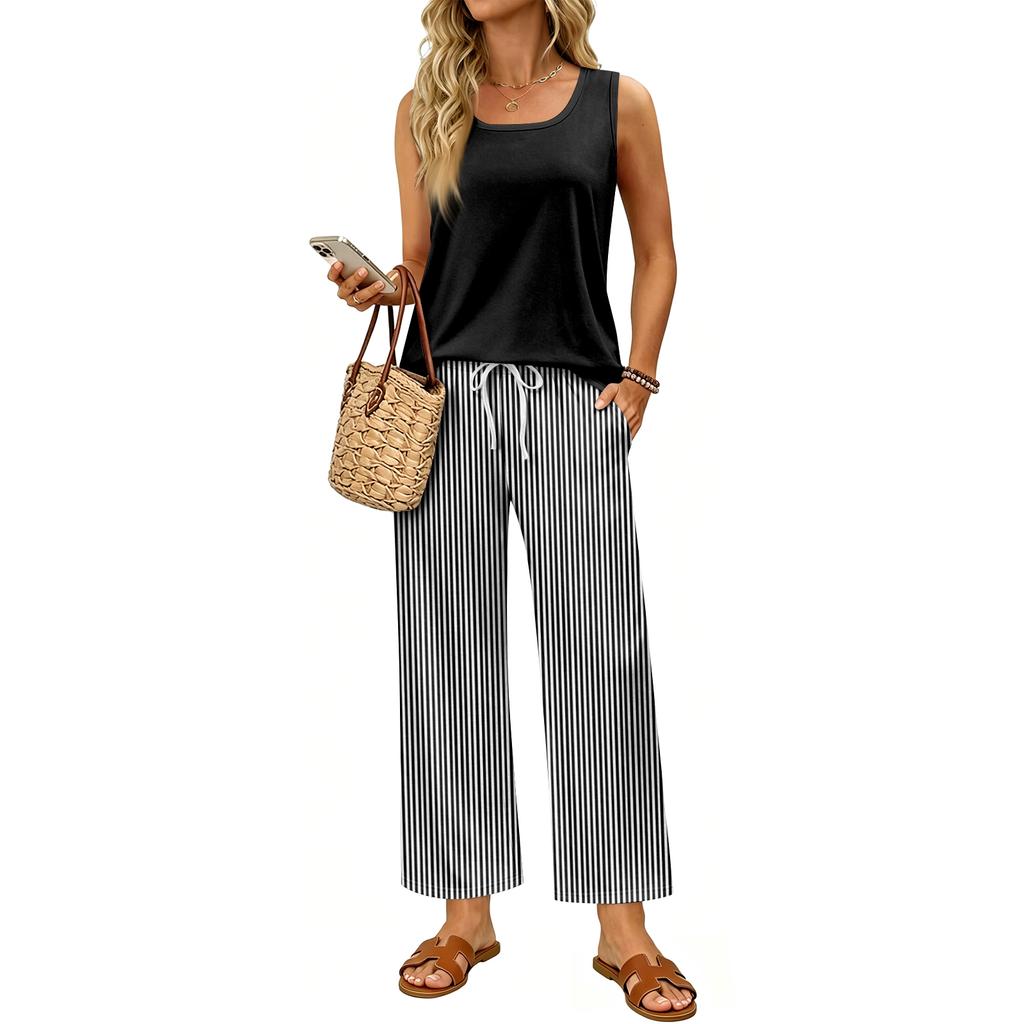 Women Sleeveless Tank Top and Striped Wide Leg Pants Two Piece Set Casual Outfit for Travel Vacation and Home Relaxation