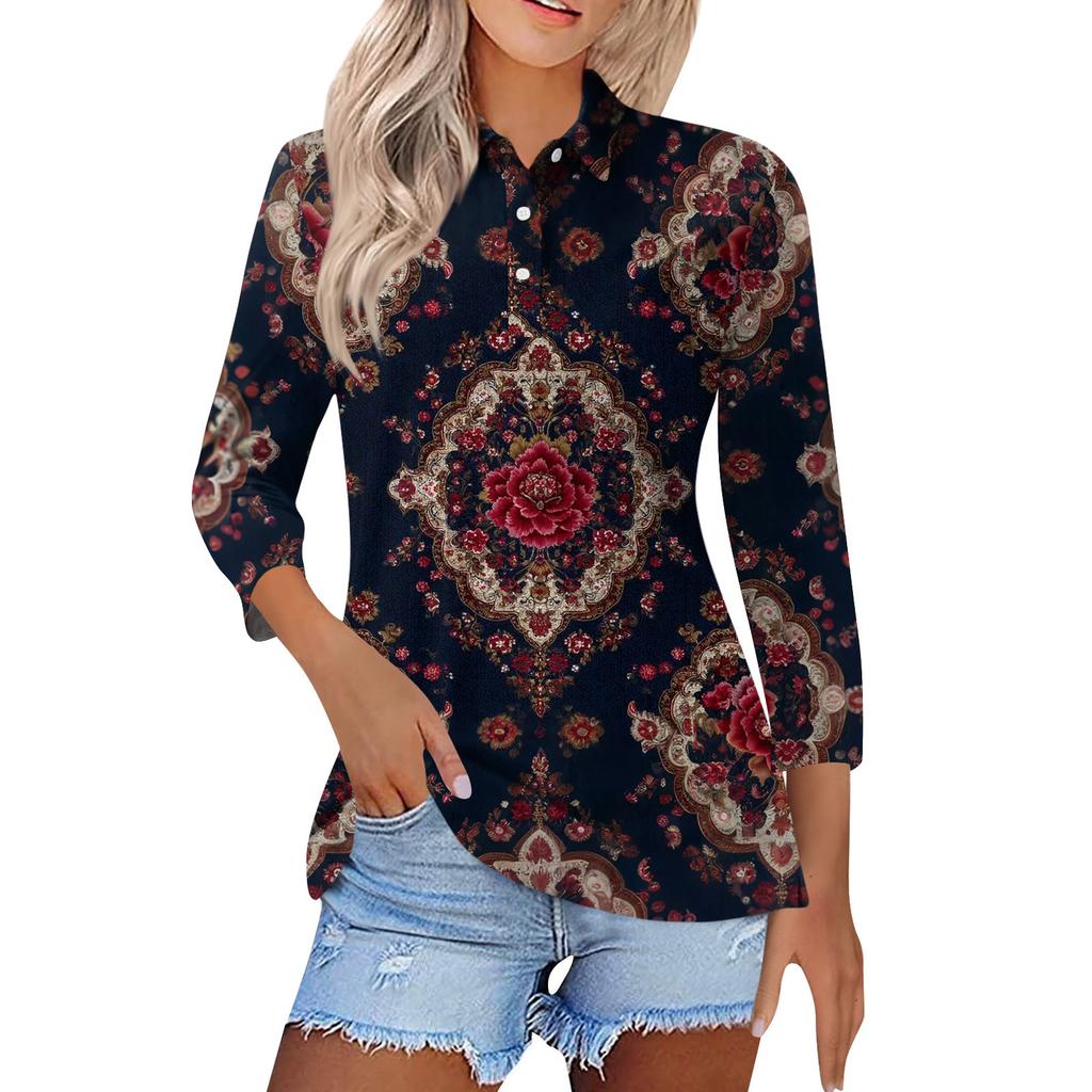 Women's Fashion Casual Lapel Short 3/4 Sleeve Print Shirt Women's Button Up Tops