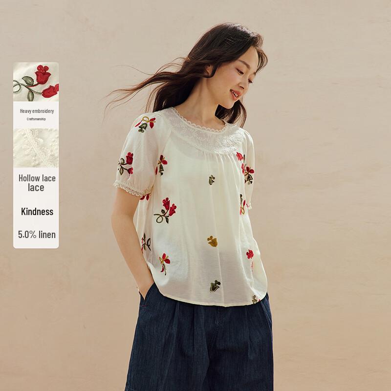 INMAN French Embroidered Lace Puff Sleeve Shirt M