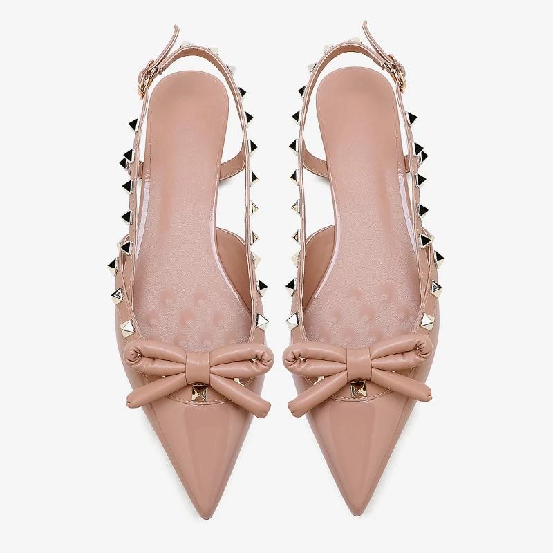 Fashion New Summer Rivet Bownot Solid Color Flat Sandals Fashionable Pointed Versatile Temperament Commuting Shopping Single Shoes 34-41