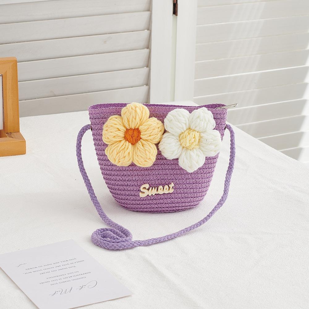 Cute Zipper Straw Bag Flower Princess Summer Beach Coin Purse Handmade Woven Storage Basket Kids