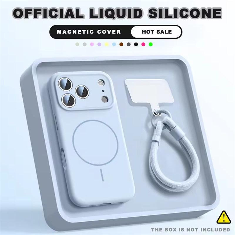 Magnetic Wrist Strap Liquid Silicone Phone Case For iPhone 12 13 16 17 Pro Max Air 15 14 16 Plus 16E Magsafe Lanyard Cover
