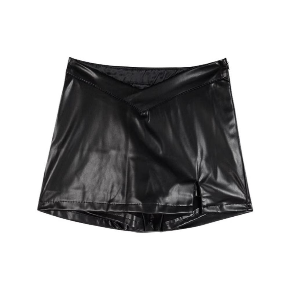 Solid Color Short Mini Skirts Split High Waist A-line Skirt Korean Style PU Leather Skirt  Girls