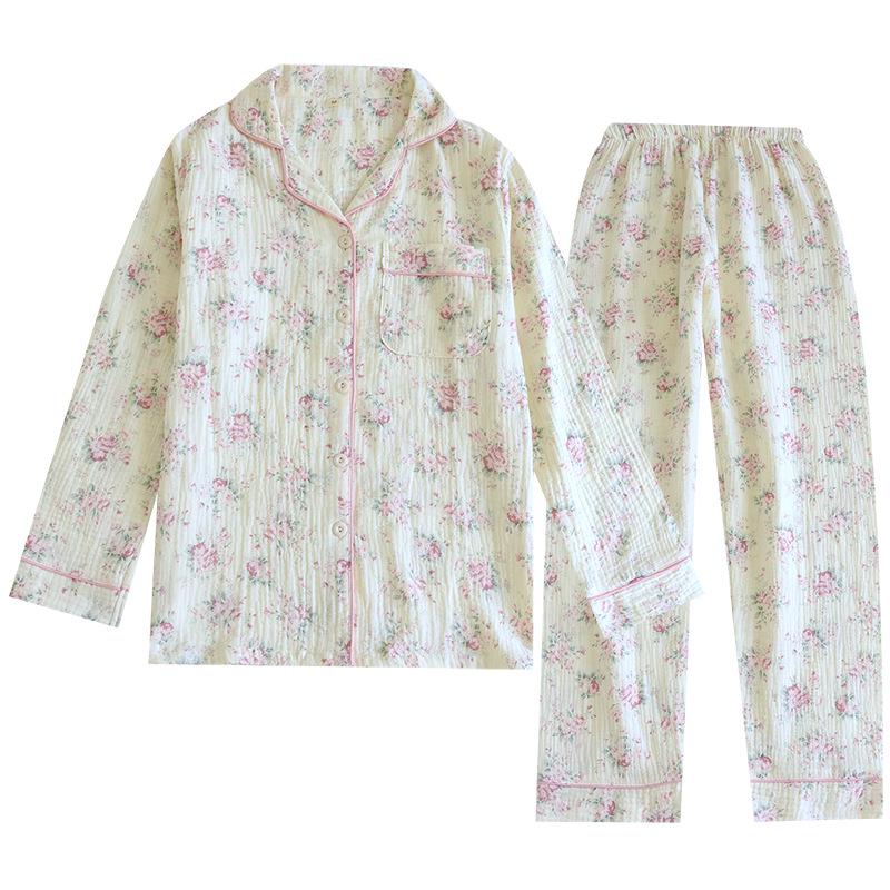 Women's Autumn Long Sleeve Cotton Floral Crinkle Fabric Plus Size Homewear Set