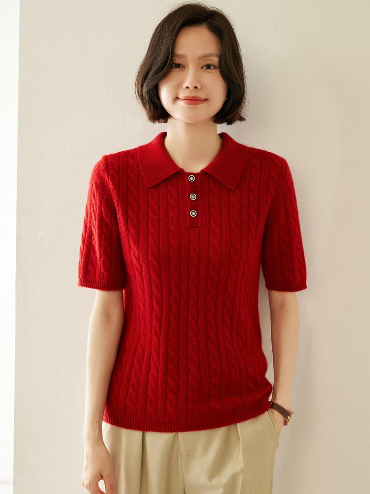 Women's Cable Knit Cashmere Short Sleeve Polo Sweater