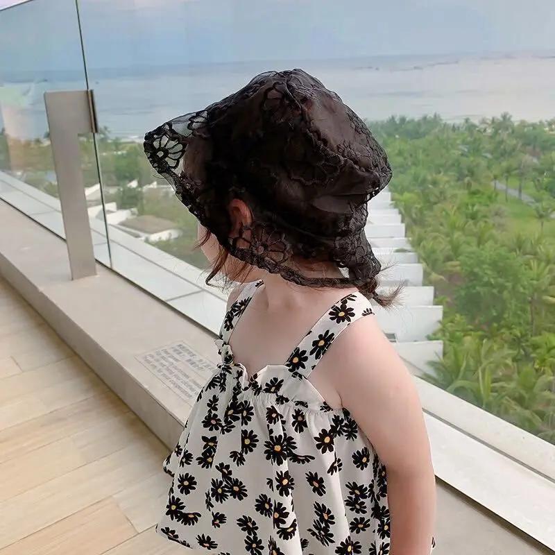 Móda Děti Elegantní Krajka Květina Rybářský Klobouk Ochrana proti Slunci Síťovaný Klobouk Bílá Krajková Kbelíková Čepice