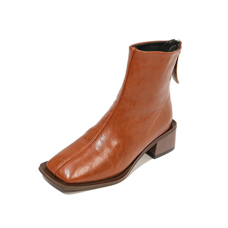 

Retro Square Toe High Heel Soft Leather Boots New French Commuter Work Block Heel Booties for Kids 35 коричневый