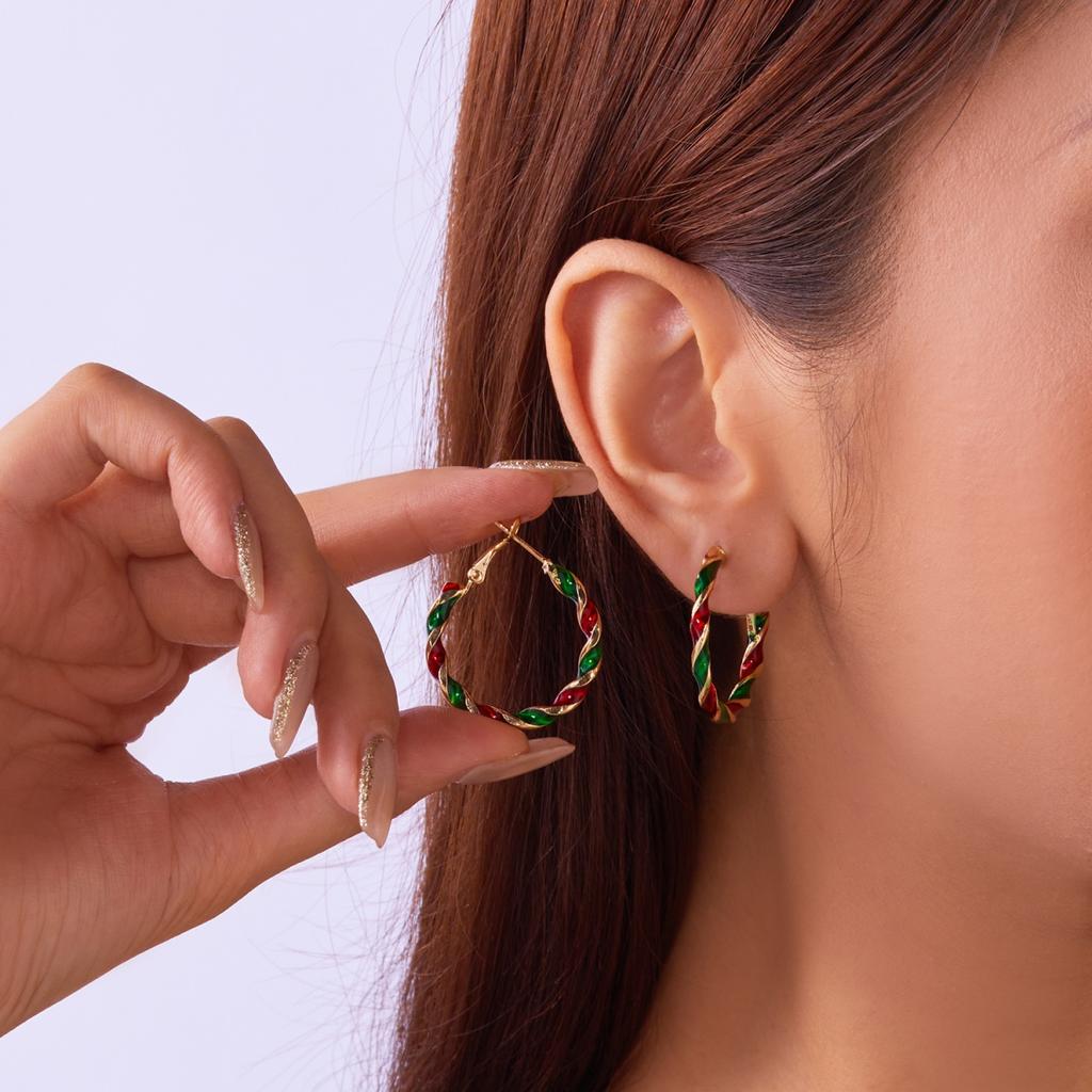 Christmas Red Green Colorful Spiral Twist Geometric Hoop Drop Earrings Minimalist Circle Earring Festive Jewelry For Women Men