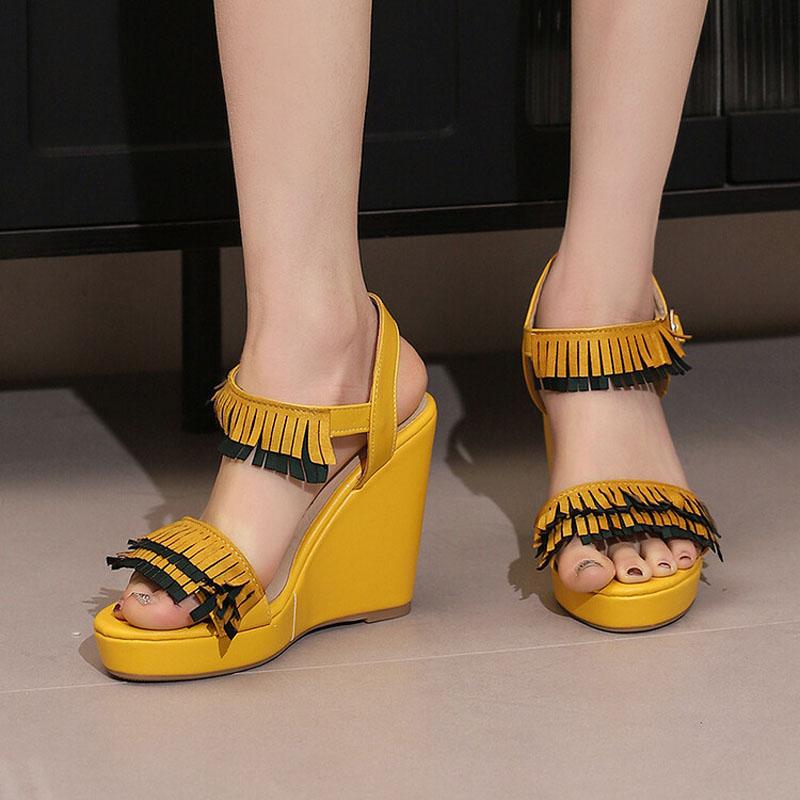 Women Wedges Sandals Large Size 34~43 Summer Flock Sandals Tassel Decorate Ankle Strap High Heels Dress Platform Shoes WSH5055