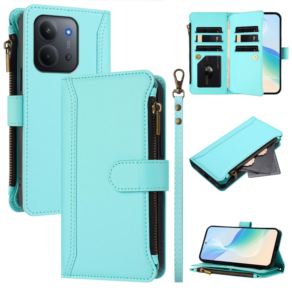 Pro Xiaomi Redmi 15C 5G (EU) (173 mm)/15C 4G (EU) (173 mm) Kožené pouzdro 9 přihrádek na karty Peněženka na zip Stojánek Kryt na telefon s poutkem na zápěstí