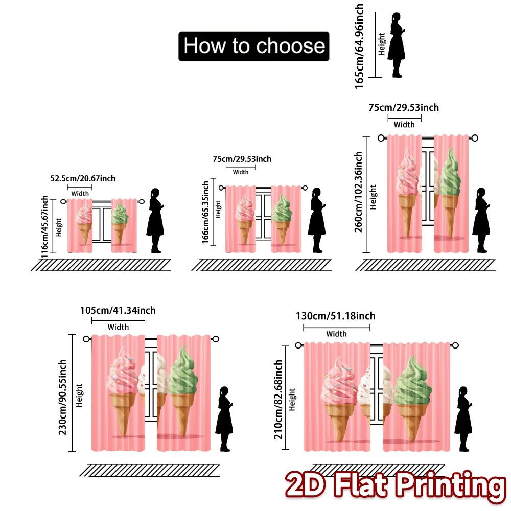 2 stuks, gordijnen met 2D-platte print (Zonder Rod) IJscrème Trio Populaire Print Gordijnen Prints Lichtdoorlatende Gordijnen Thermisch