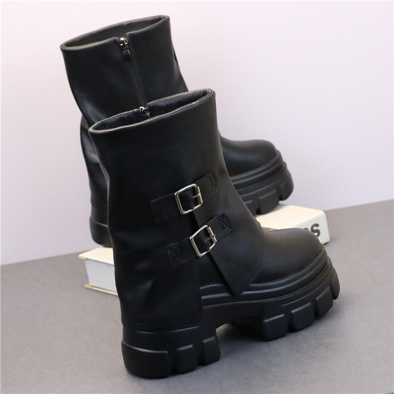 Fashion 12CM Microfiber Leather Autumn Boots Flats Plush Ankle Booties Women Platform Wedge Thick Sole Motorcycle Winter Shoes