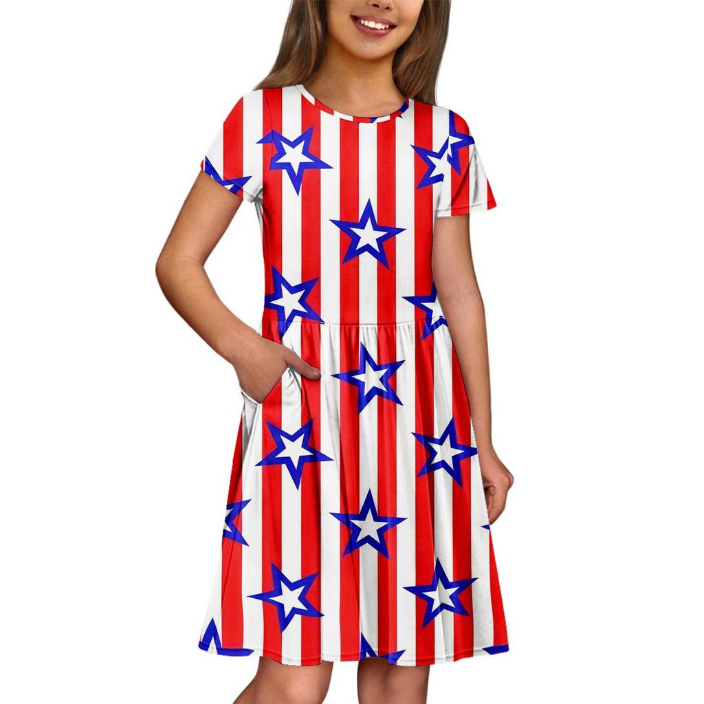 Mädchen Sommerkleid Einfarbig & Druck Ärmelloses Kleid mit Tasche Freizeitkleid Kurzarm Partykleid