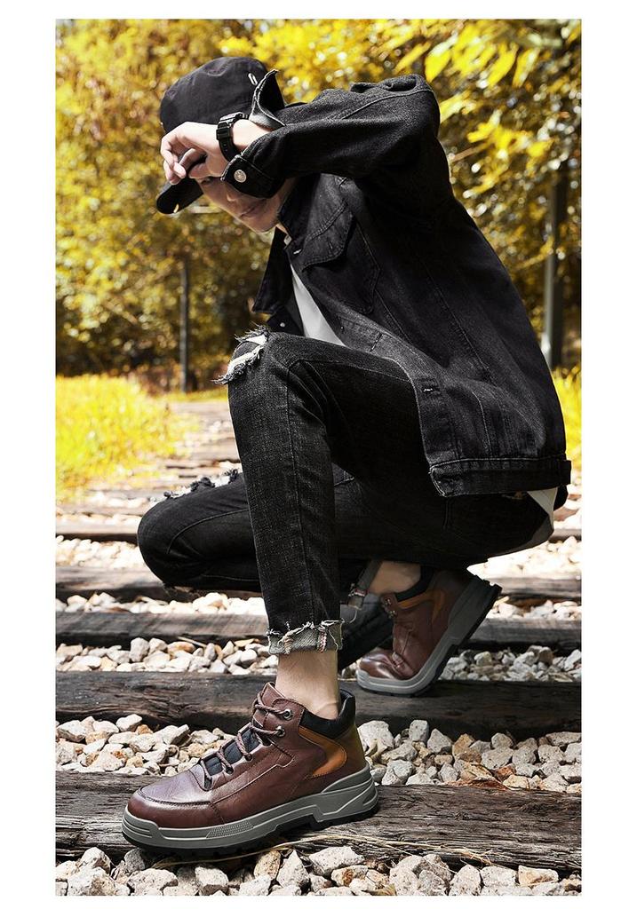 Men's Oversized Casual Leather Shoes - Autumn/Winter, Thick Cotton, Youth Hiking and Outdoor Workwear Shoes