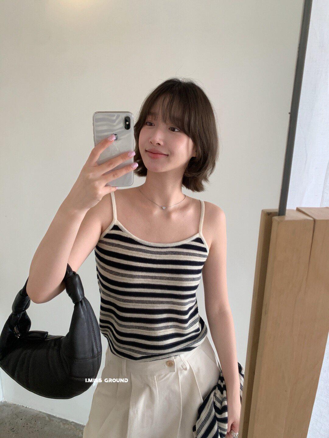 I MISS Women s Petite Knit Cardigan and Camisole Set with Striped Contrast Design One Size