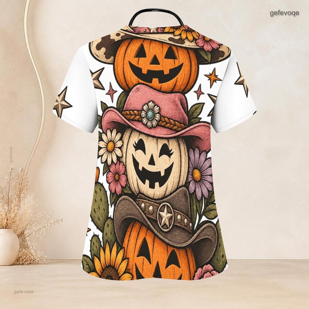 Top de uniforme de enfermera para mujer talla grande con cuello en V y manga corta con estampado de erizo de dibujos animados de Halloween con bolsillos frontales