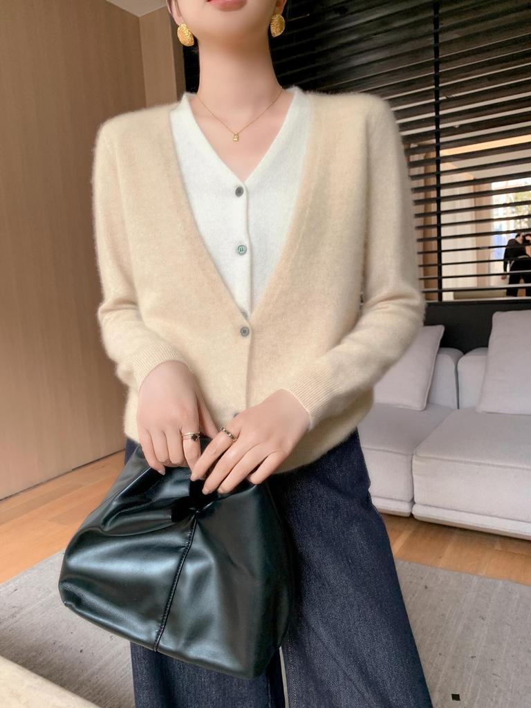 2025 V-neck Button-up Cashmere Knit Cardigan - Korean Style, Loose Fit, Slimming, Fake Two-piece Jacket for Women