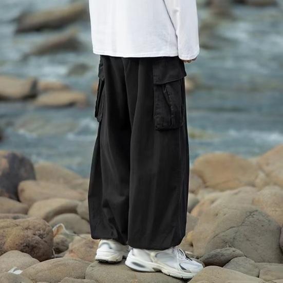 Men Cargo Pants Oversized Solid Color Vintage Style Corduroy High Street Style Straight Wide Leg Multi Pockets Streetwear Outdoor Travel Trousers