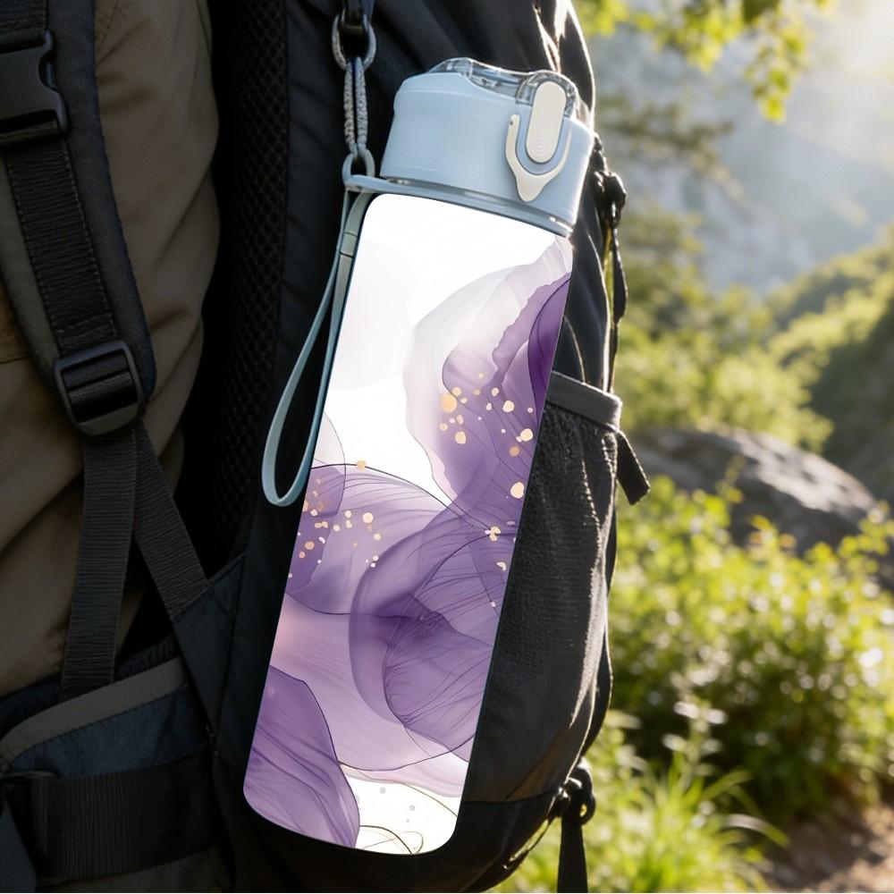 1PC Dark Purple Peony Flower Soft Petal Art Print 750ml Color Plastic Sports Water Bottle Leakproof Flip Straw Lid Suitable for Sports Office Home Use