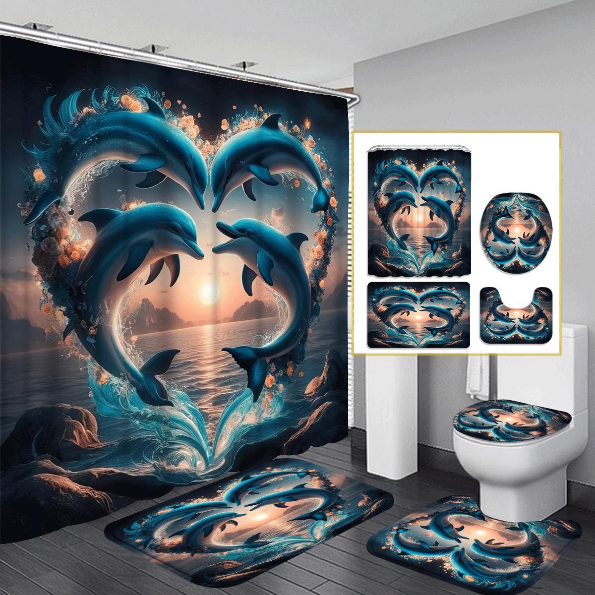 

Dolphin Heart Bathroom Set - Waterproof Shower Curtain, Ultra-Soft Floor Mats, Toilet Lid Cover, And Contour Mat W60H190(CM)-1 Pcs