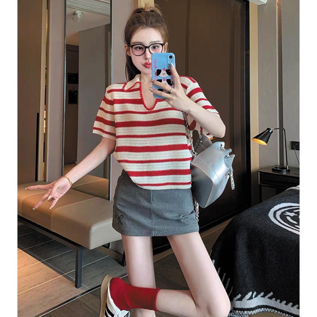 Striped Shoulder Versatile Casual Knitted Short-Sleeved T-Shirt for Women