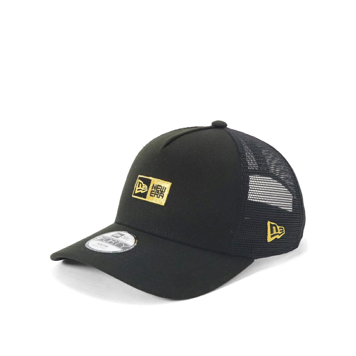 

New Era Mesh Cap with Box ONSPOTZ 9Forty Sizes Kids Logo, Exclusive, Black/Metallic Gold, A-Frame Trucker, 52-56cm (YOUNG 52-56cm)