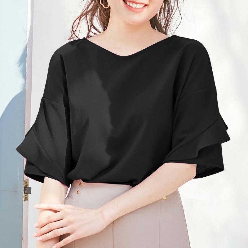 

ZANZEA Женская повседневная однотонная блузка с круглым вырезом и коротким рукавом M чёрный