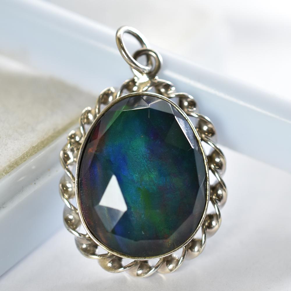 Opal Pendant 925 Sterling Silver 32.70 ct Aurora Fire Checker Oval October Birthday Birthstone