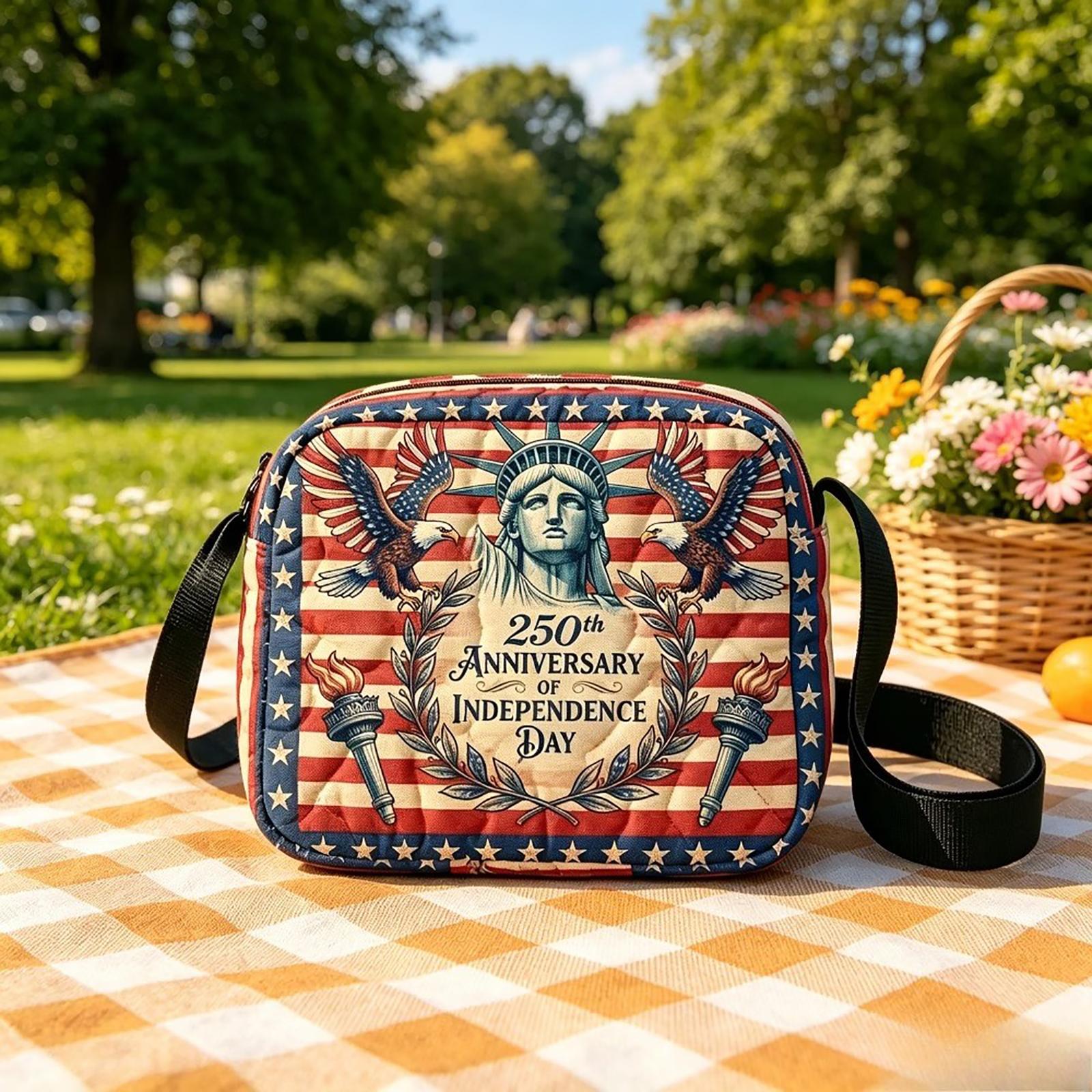 Quilted Crossbody Bag with Embroidered Eagle and Star Pattern Commemorating 250th Anniversary US Design Adjustable Strap Compact Size One Size синий
