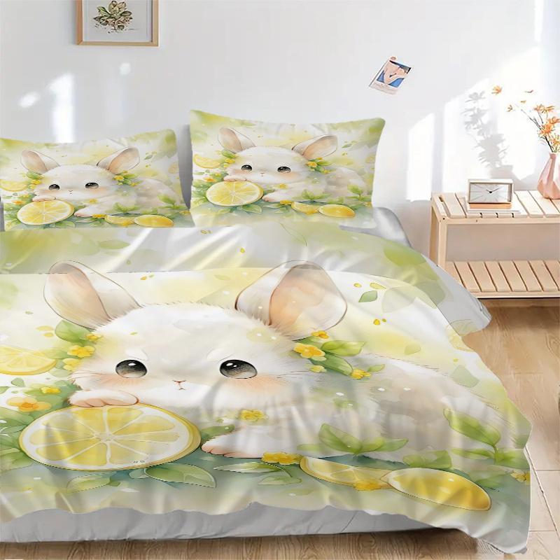 3pcs Lemons and Small Animal Bedding Set, Including 1 Quilt Cover and 2 Pillow Shams, Without Filling, Soft and Comfortable Home Bedroom Fab
