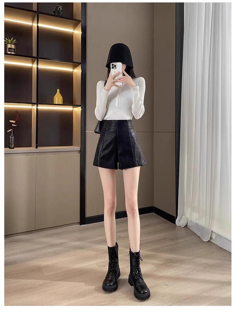 High-Waisted Leather Shorts for Women - 2026 New Style A-Line Slim Fit PU Wide-Leg Bootcut (Autumn/Winter) In Black