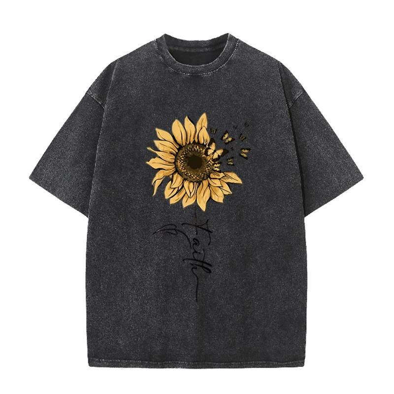 Vintage Black Sunflower T Shirt Butterfly Graphic Acid Wash Oversized Tee S