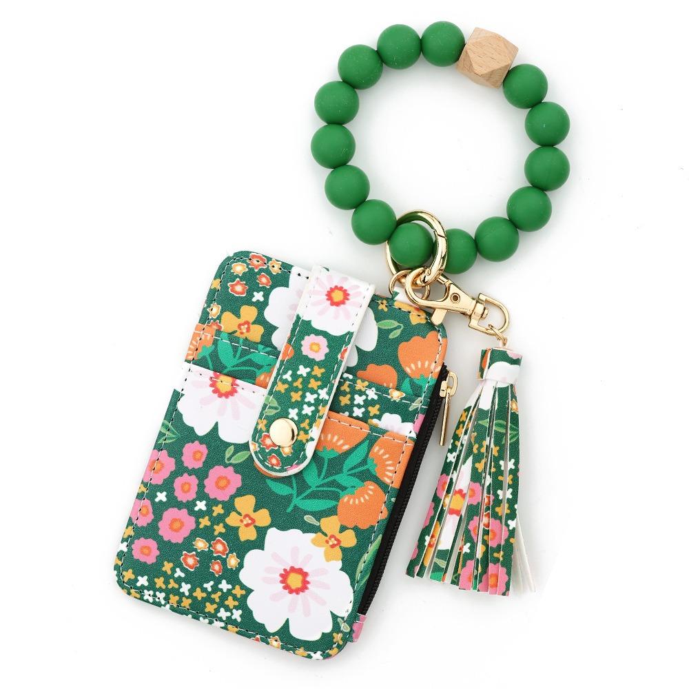 Pu Leather Silicone Bead Bracelet Keychain Boho Style Leather Card Bag Keychain  Fashion Wear