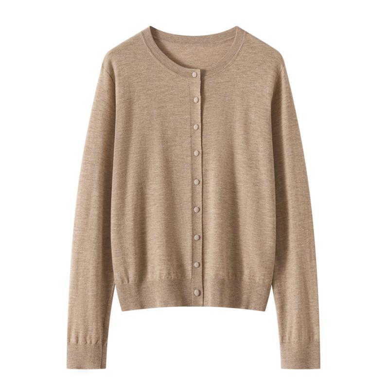100 Worsted Wool Autumn New Solid Color Bag Button Crew Neck Knitted Cardigan Wool Knitted Cardigan