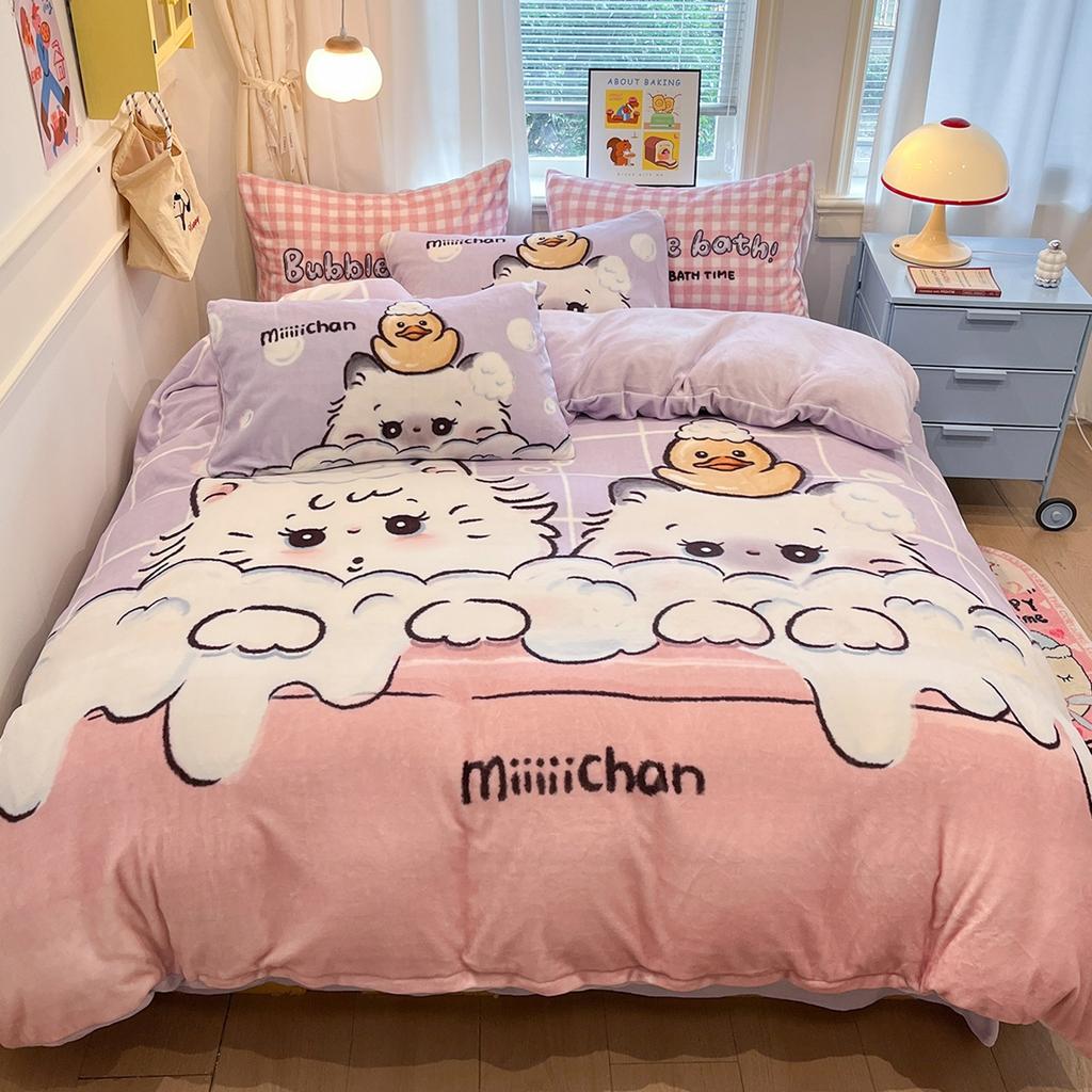 Thickened Milk Fleece Bed Four-Piece Set Coral Flannel Quilt Cover Children'S Bedding Sheets Three-Piece Set