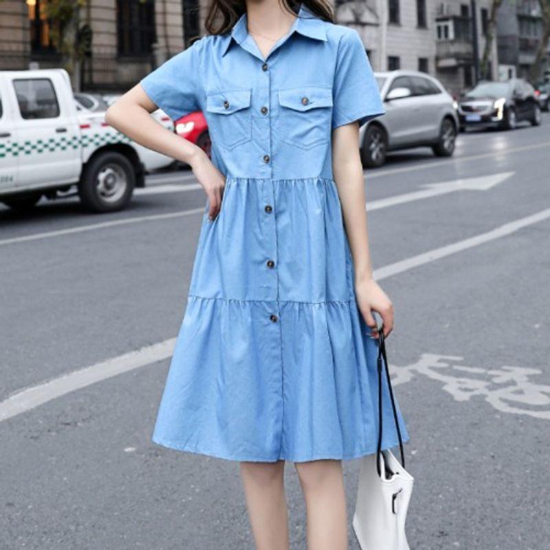 European American Summer New Preppy Style Plus Size Student Lapels Single-Breasted Pocket Short Sleeve Denim Dress Mid Skirt for Women
