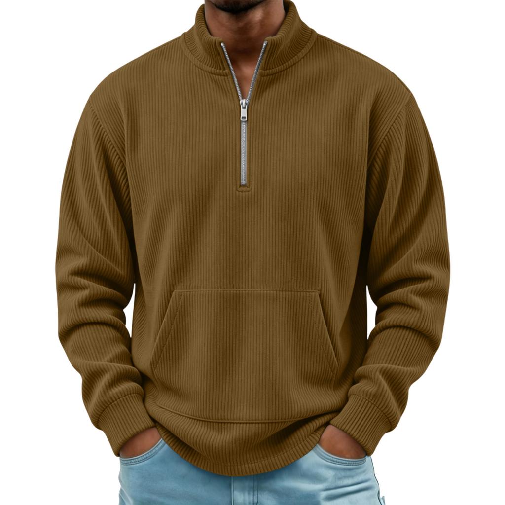 Men's Corduroy 1/4 Zip Pullover, Retro Long Sleeve Top with Stand Collar and Pocket
