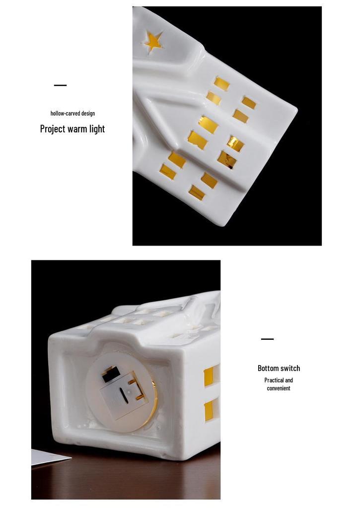 European Ceramic LED Christmas House Ornament: Creative Hollow Candlestick Night Light