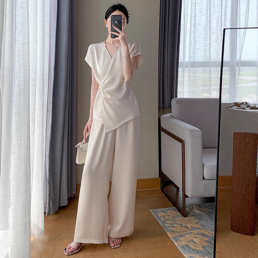 Pre-Sale 2868 Plus Size Women's Korean Style Short Sleeve & Wide Leg Pants Two-Piece Set
