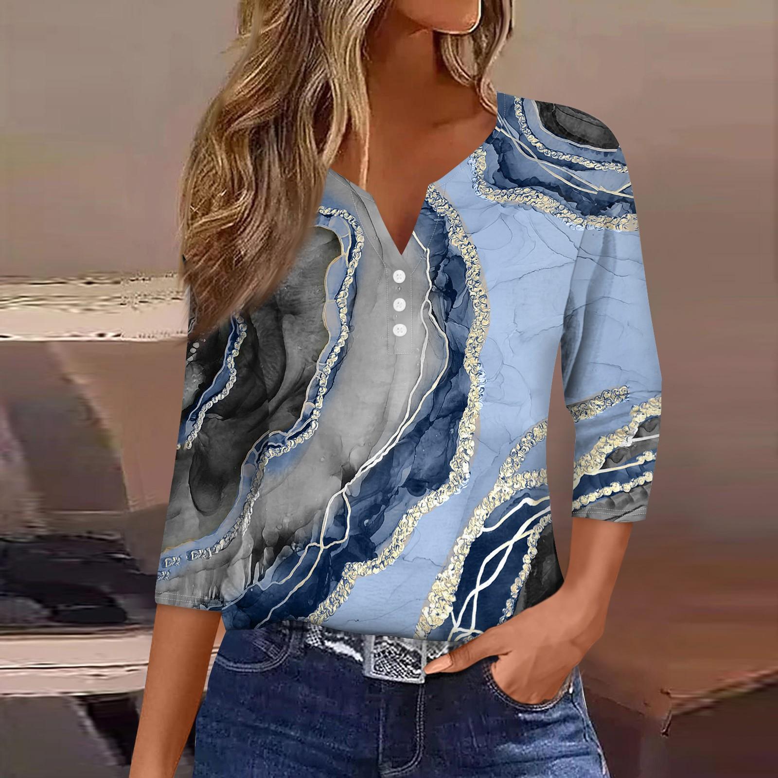 

Жен. Футболка Футболка С принтом Пуговицы Рукав 3/4 Повседневные Выходные Мода Классический Классический V-образный вырез Обычный Верх M синий