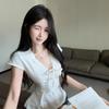 Design Lace Splicing Short-sleeved Women's Summer New Waist and Thin Top Deep V Bow Lace-up Versatile Top