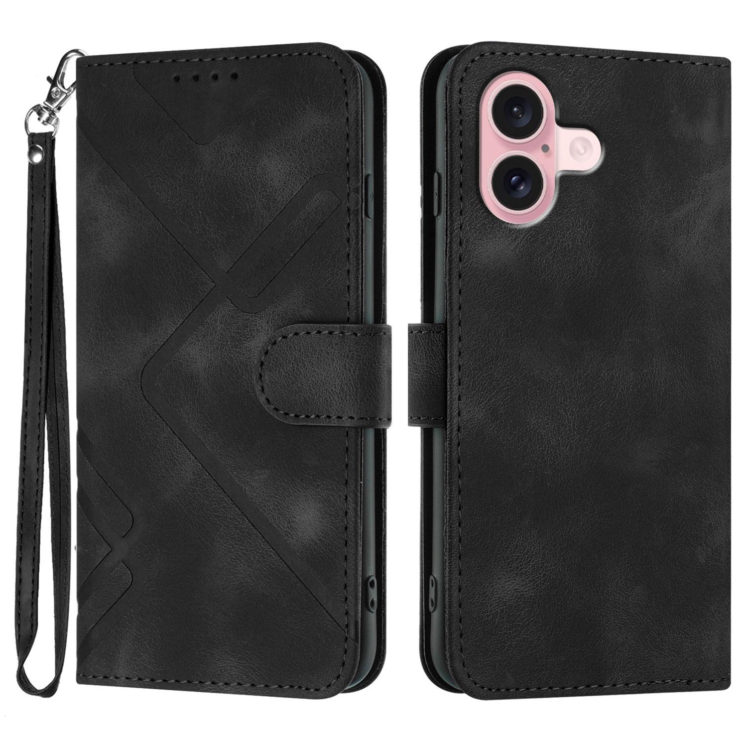 

For iPhone 16 Wallet Case Line Imprinted PU Leather Phone Cover with Strap Black