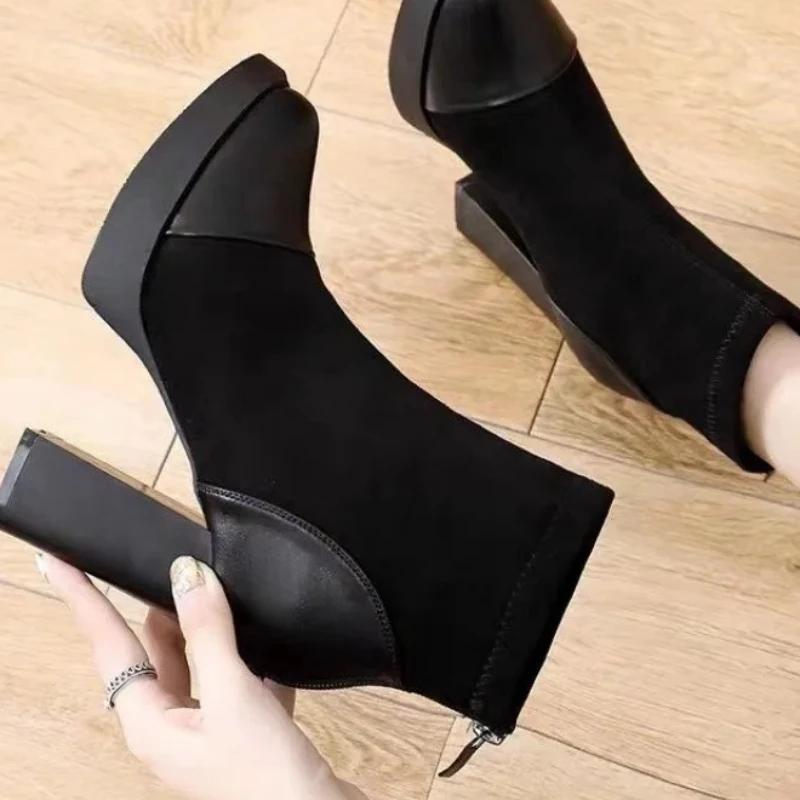 2025 Shoes for Women Ankle Women's Boots Platform Modern Boots Women Flock Back Zip Pointed Toe Chunky High Heels Shoes Female