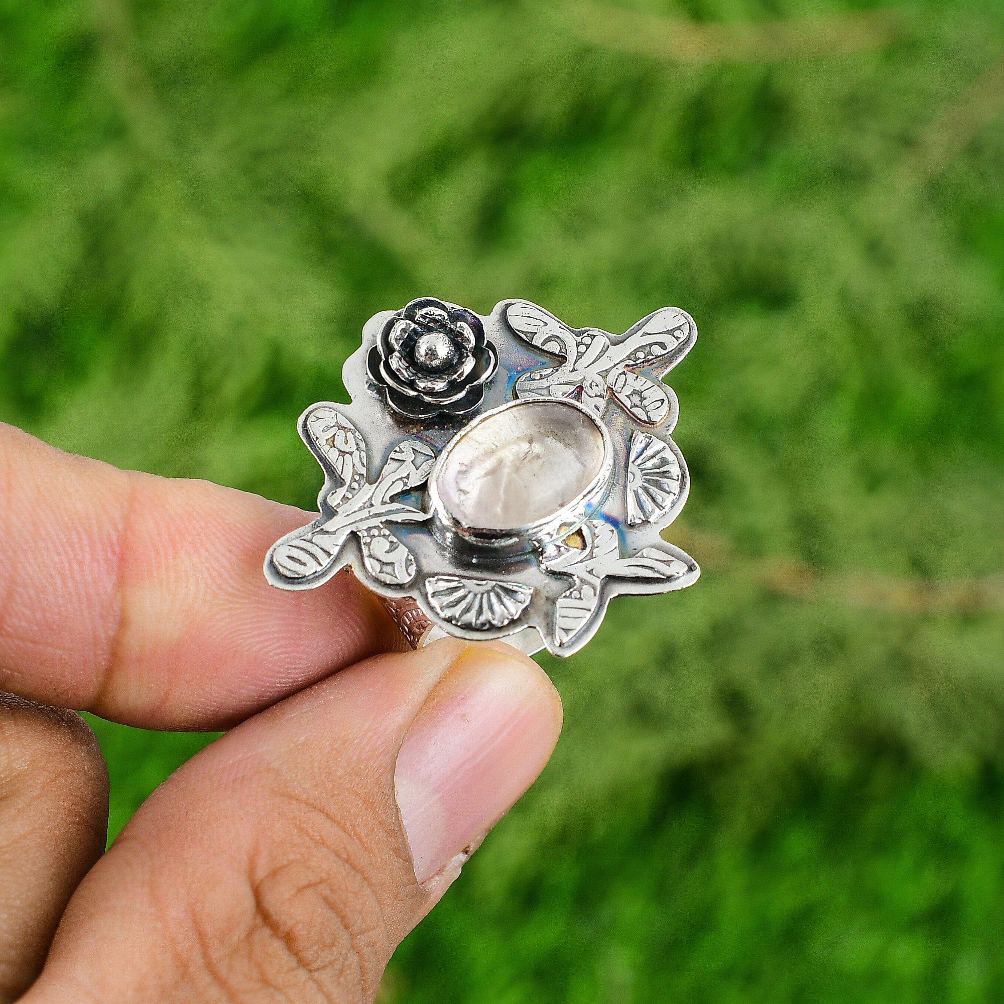 

Sterling Silver Natural Moonstone Stackable Flower Engagement Crown Chakra Ring Adjustable