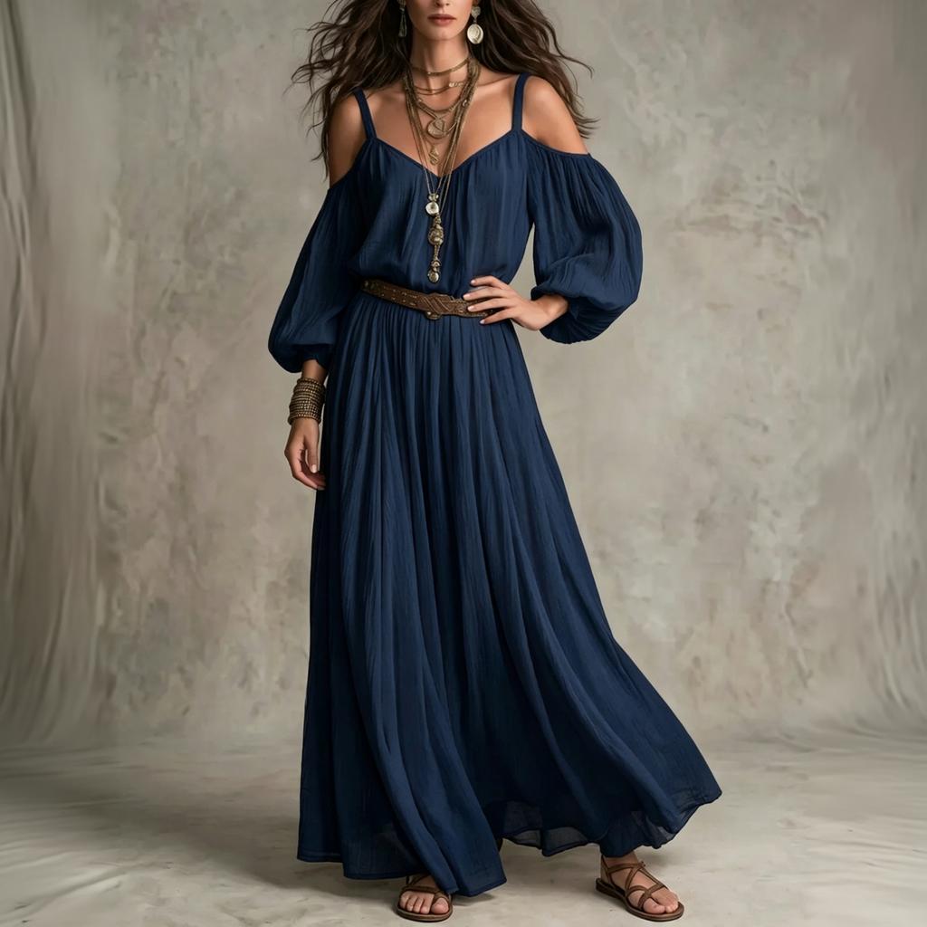 Γυναικείο Χρωματιστό Μακρύ Φόρεμα Off-Shoulder με Πτυχώσεις και Ριλάξ για Διακοπές