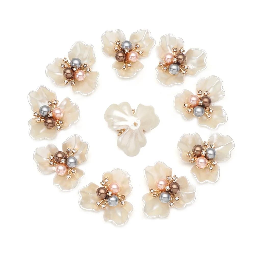 10PCS Pearl Flower Rhinestone Buttons Sparkling Crystal Hairpins Decoration Clothes Sewing Accessories